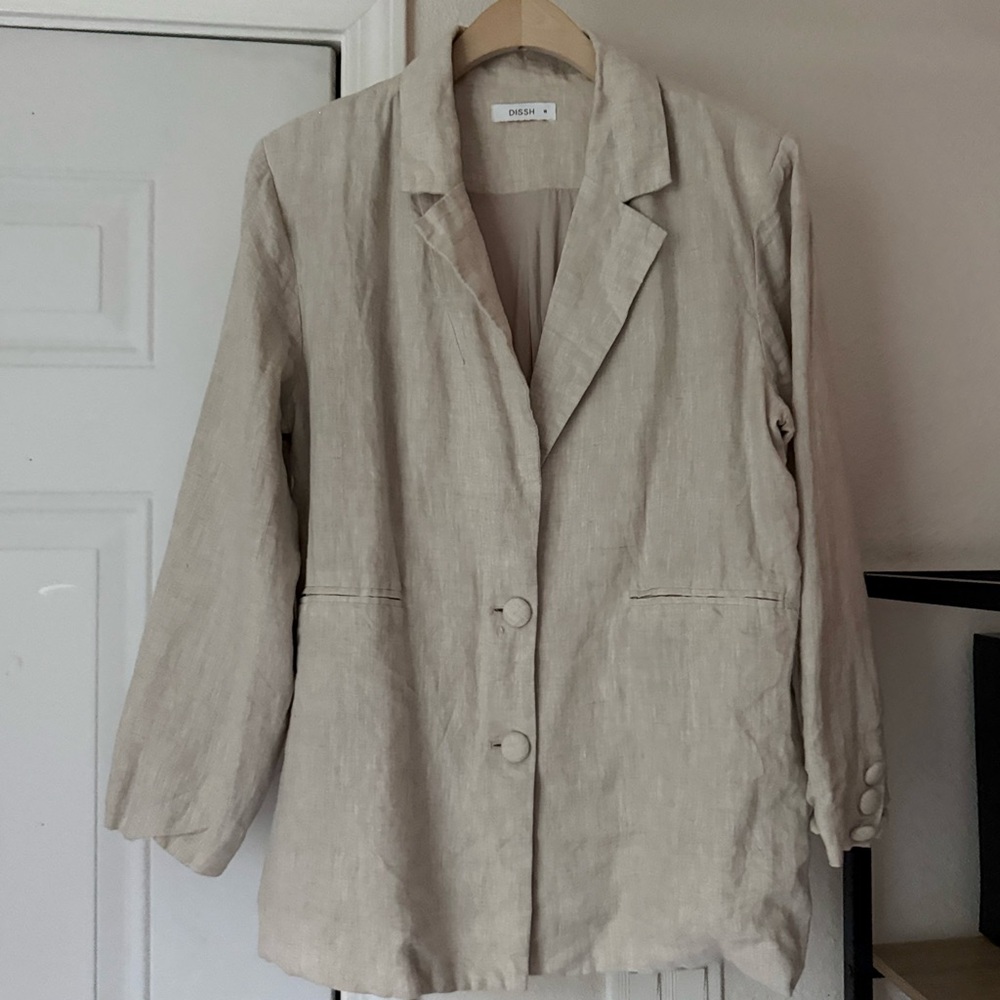 DISSH tan beige linen two button front long sleeve blazer jacket